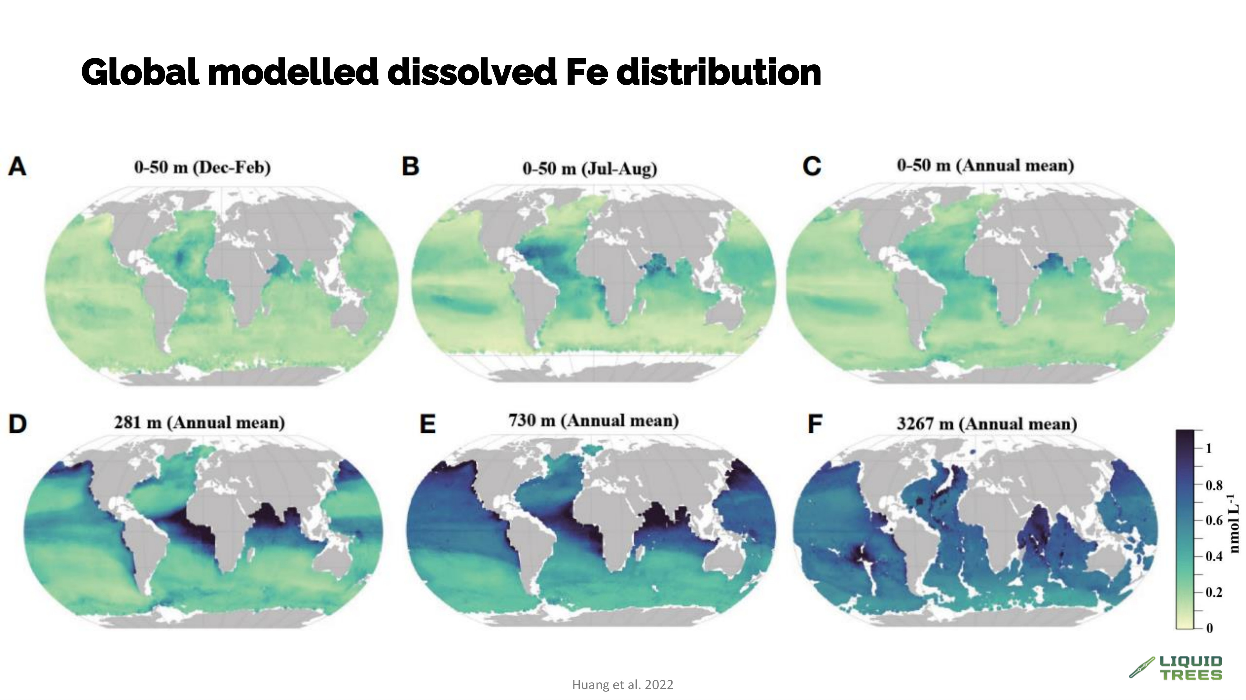 Modeled global map of surface to deep ocean iron distribution highlighting low surface iron